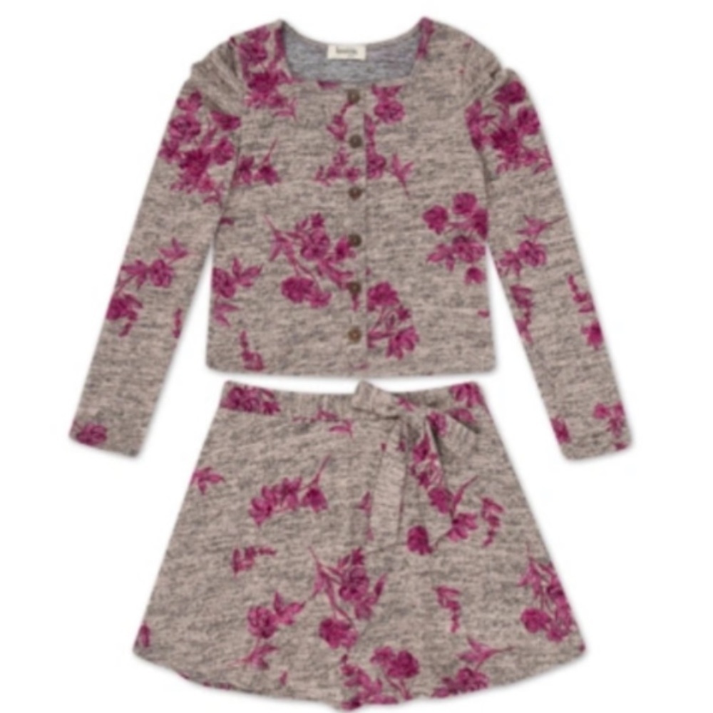 NWOT Girls XL Two Piece Grey Pink Floral Hacci Skirt Cardigan Set